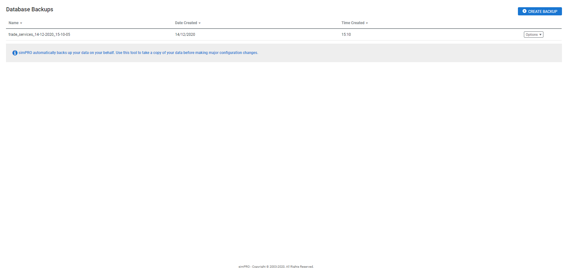A screenshot of database backups.