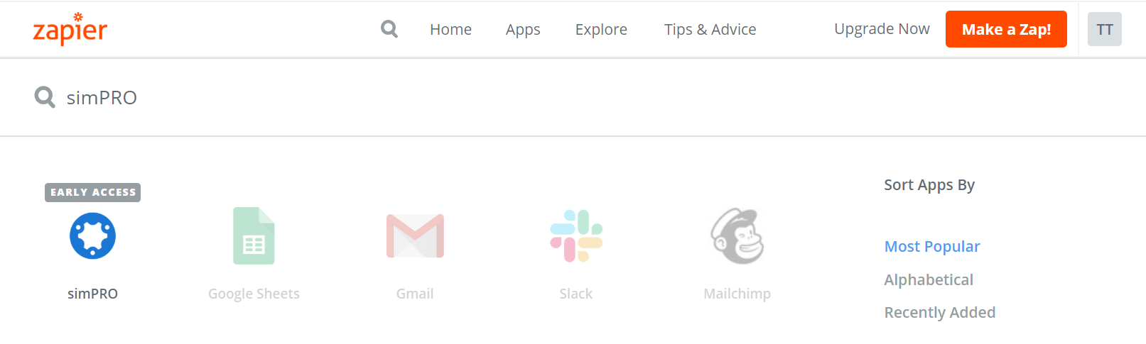 A screenshot of the Apps page in Zapier.