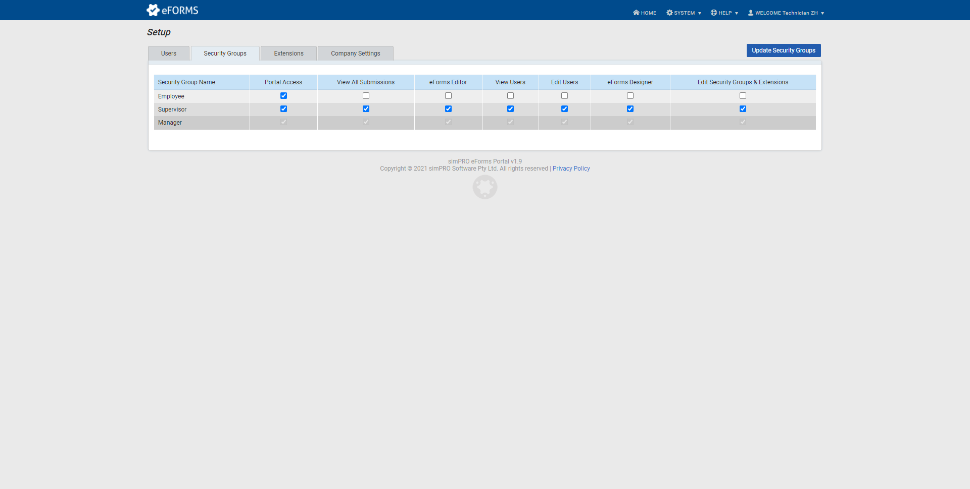 A screenshot of the Security Groups tab.