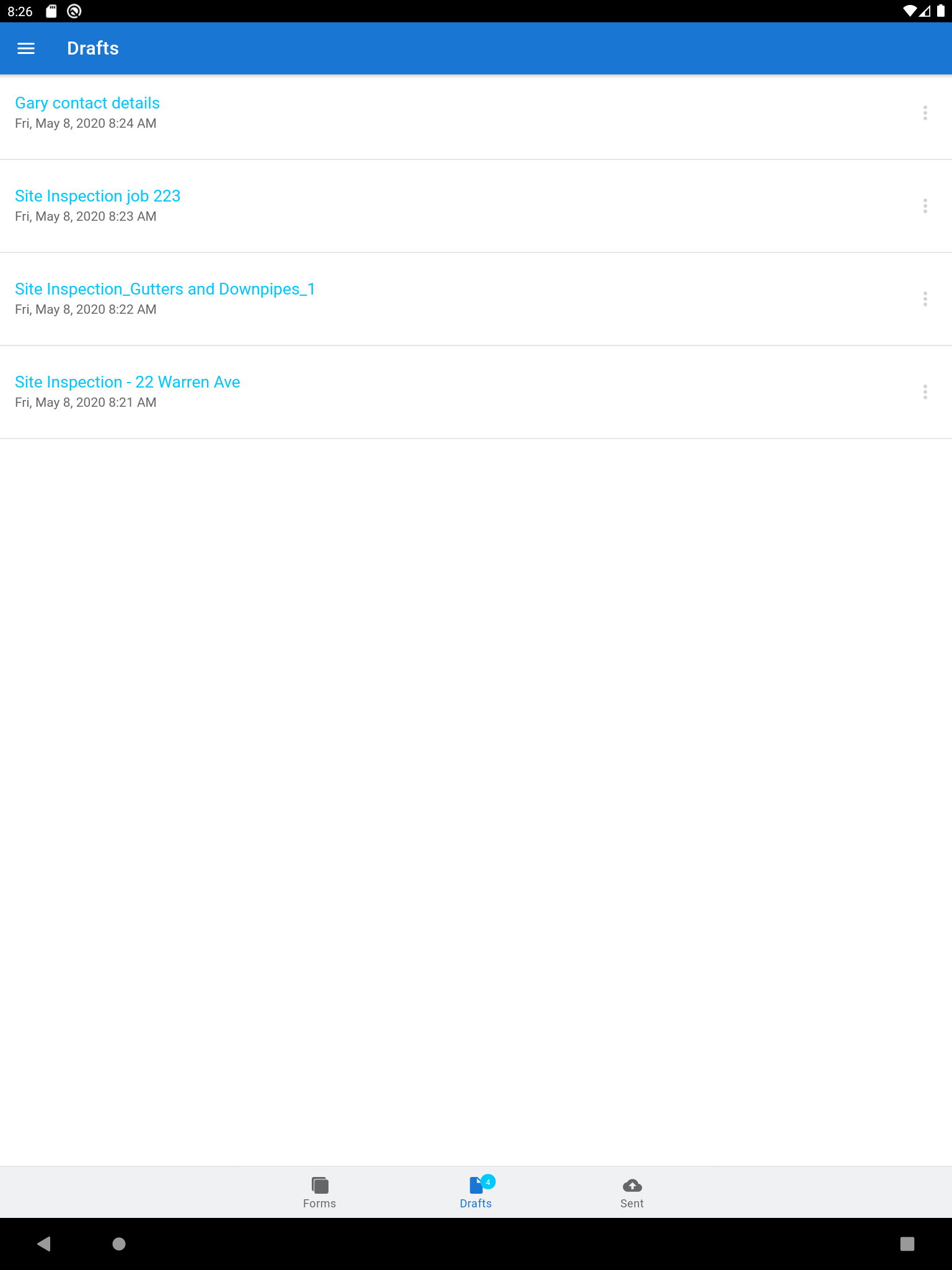A screenshot of form drafts in the app.