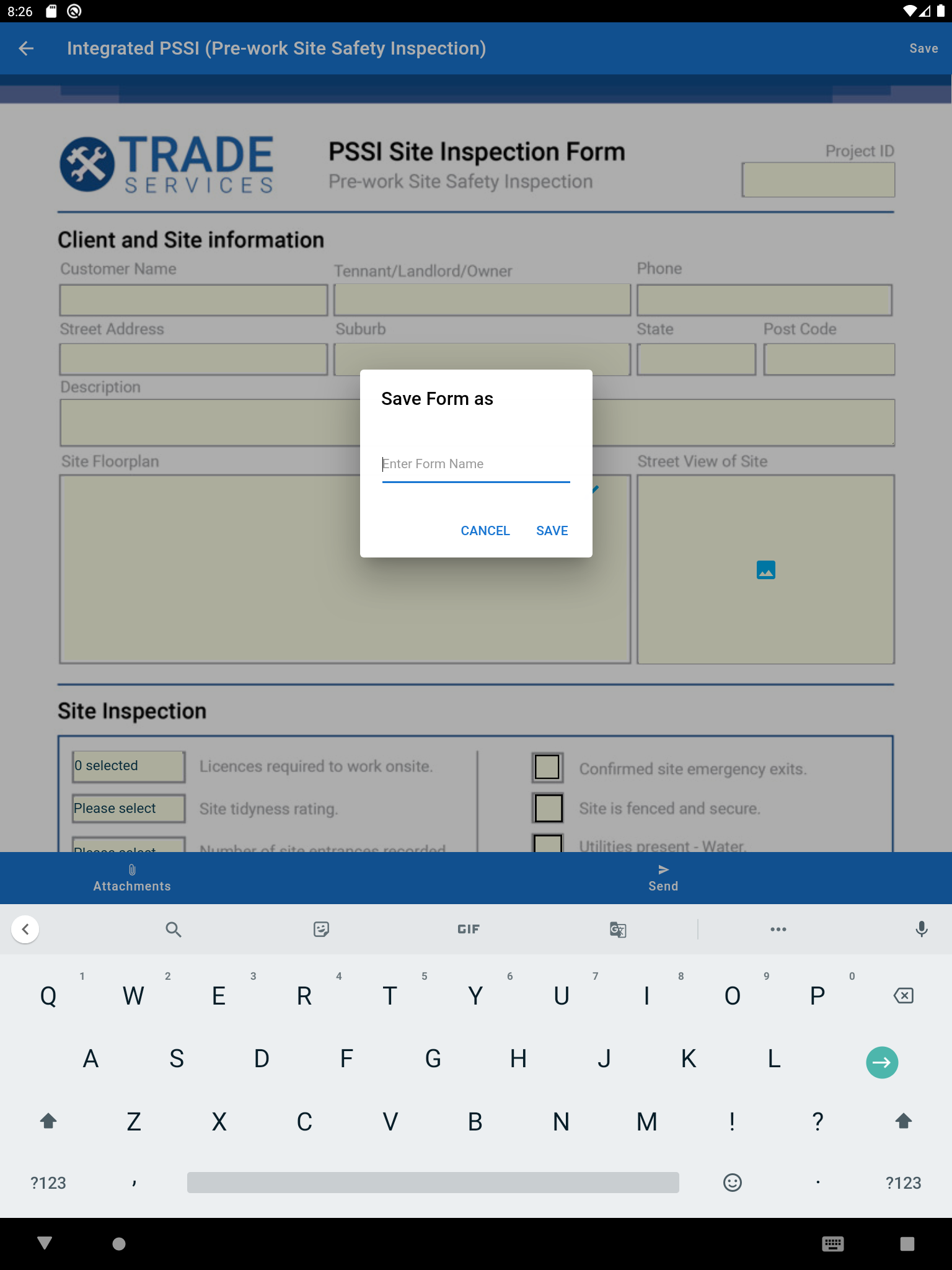 A screenshot of a form being saved.
