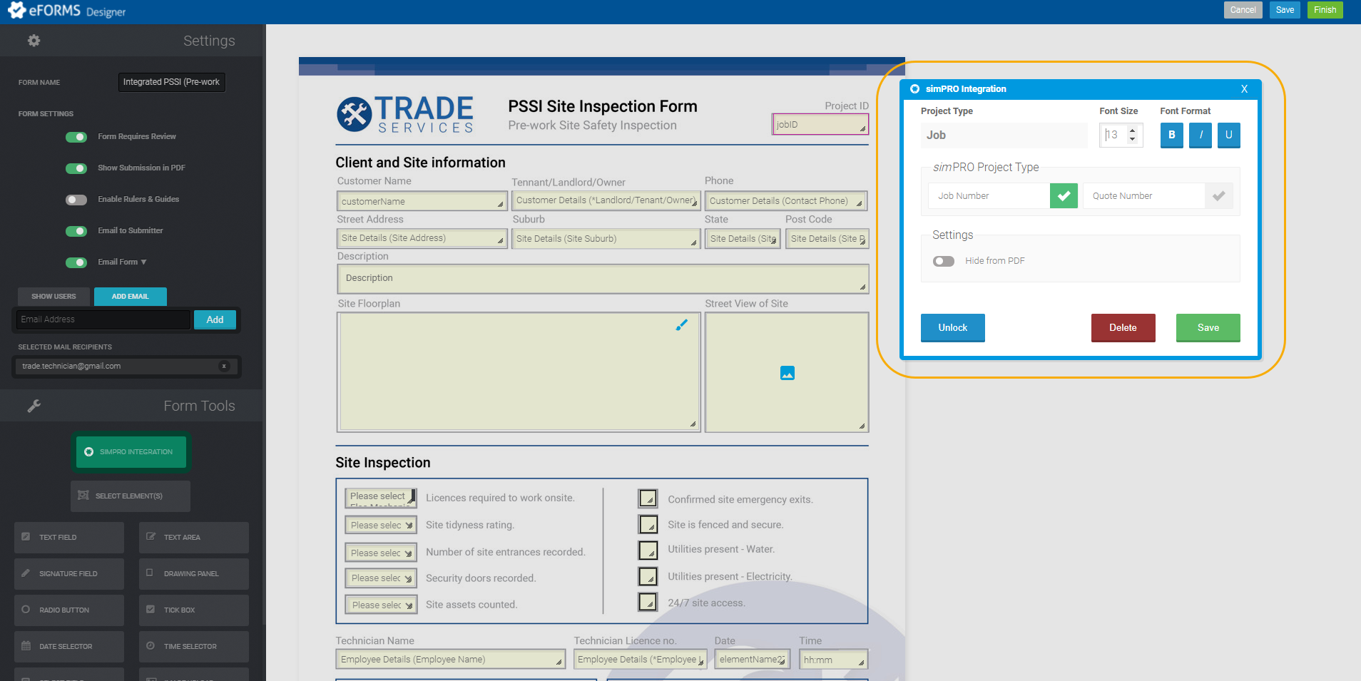 A screenshot of form editing options.