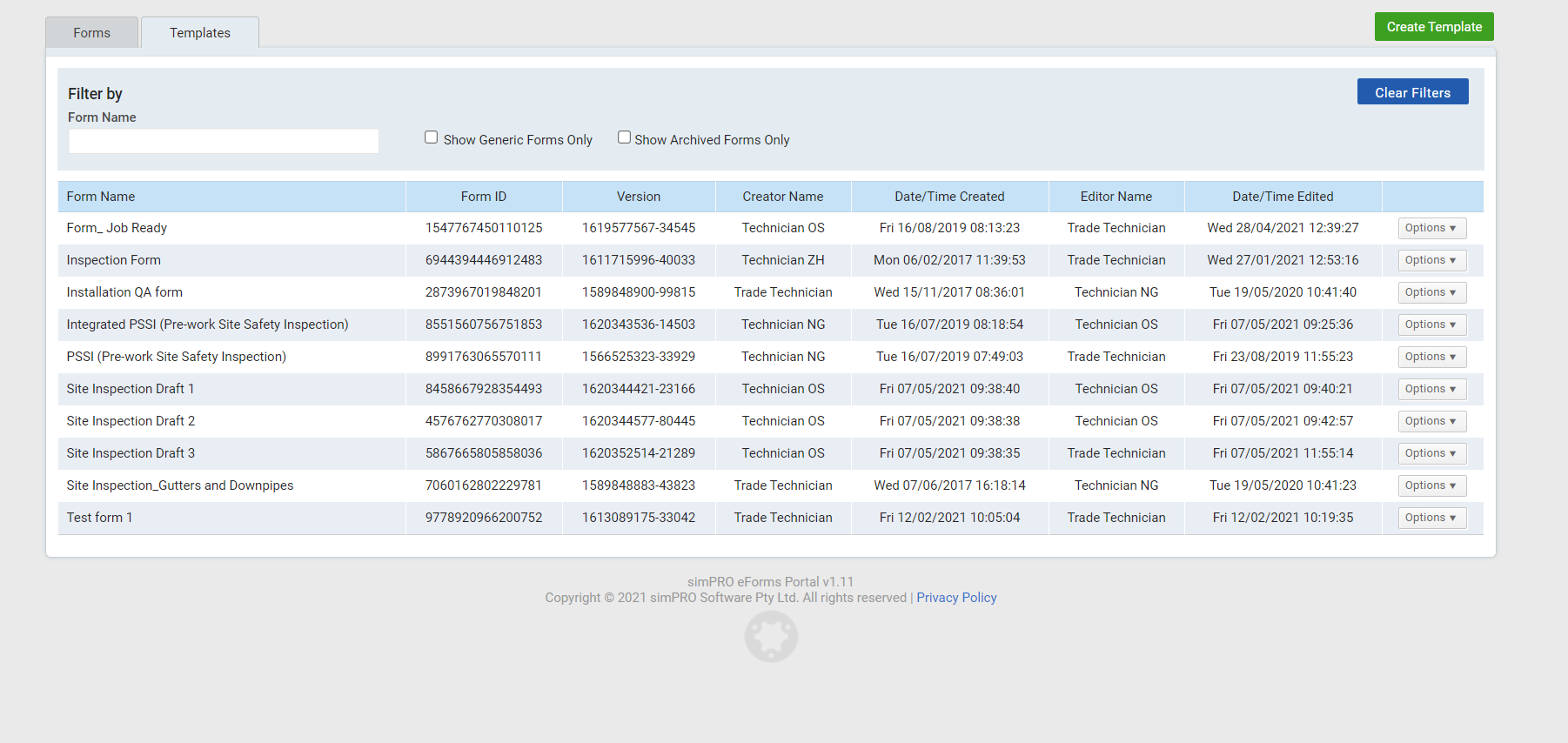 A screenshot of the Forms tab in the eForms portal with a list of available form templates.