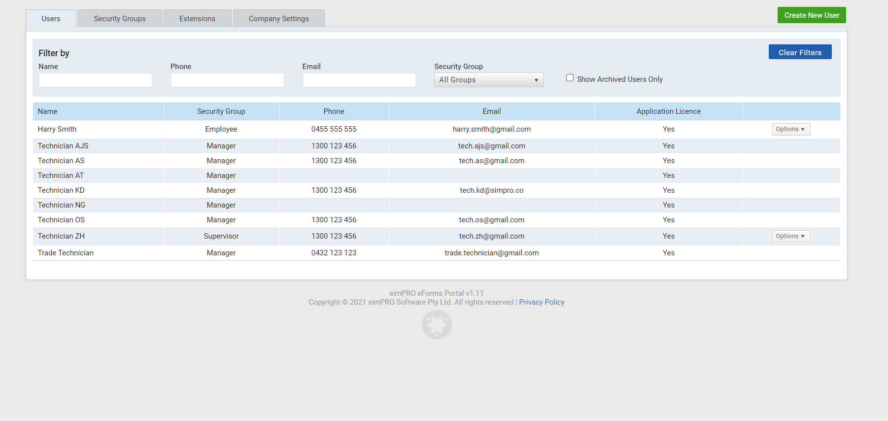 A screenshot of the Users tab in System Setup.