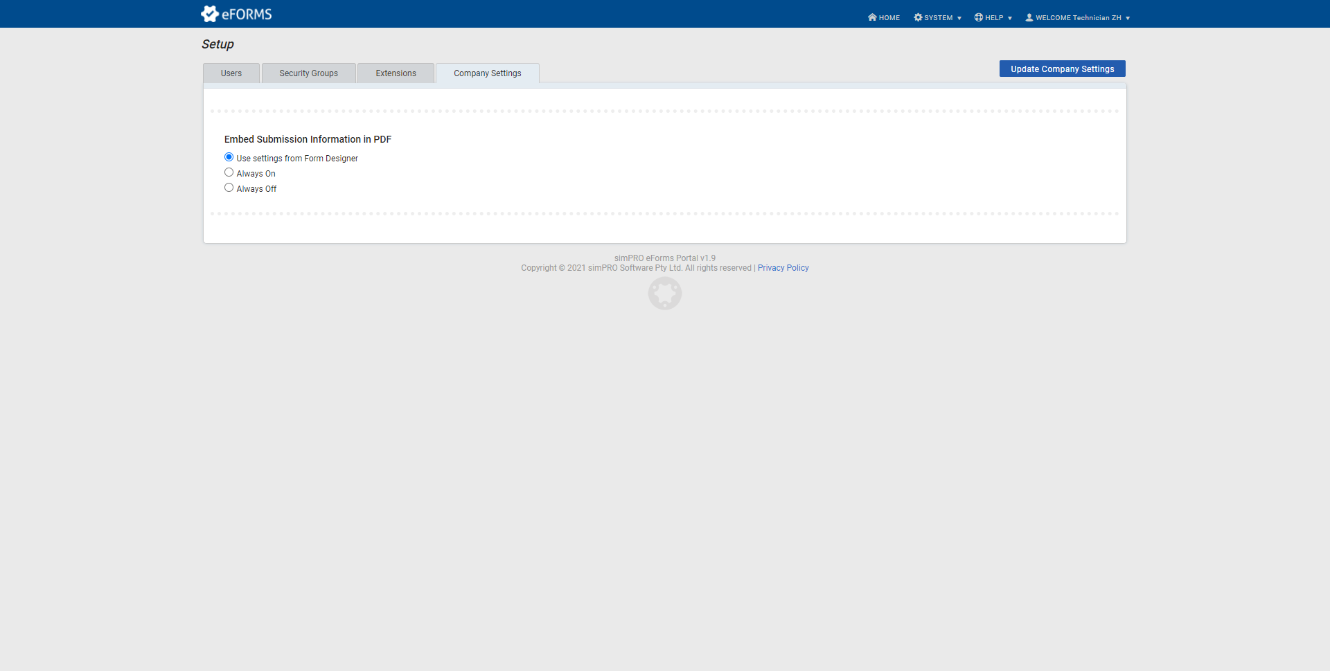 A screenshot of the Company Settings tab.