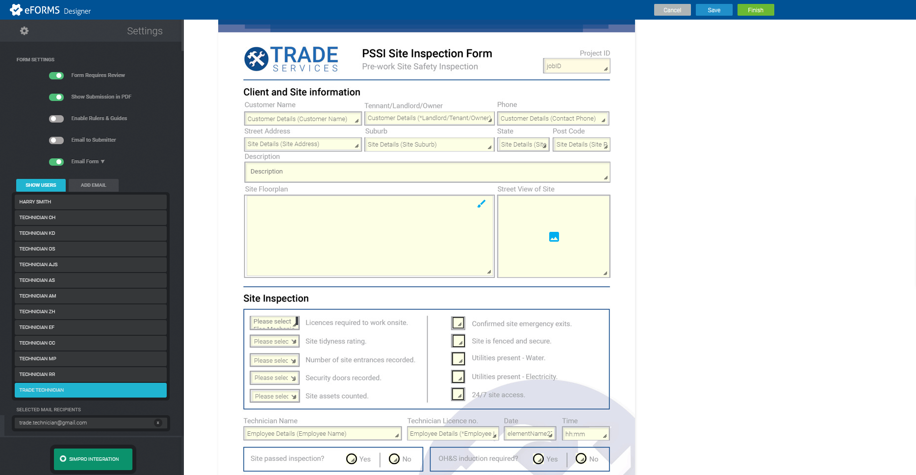 A screenshot of the Settings available in a form template.