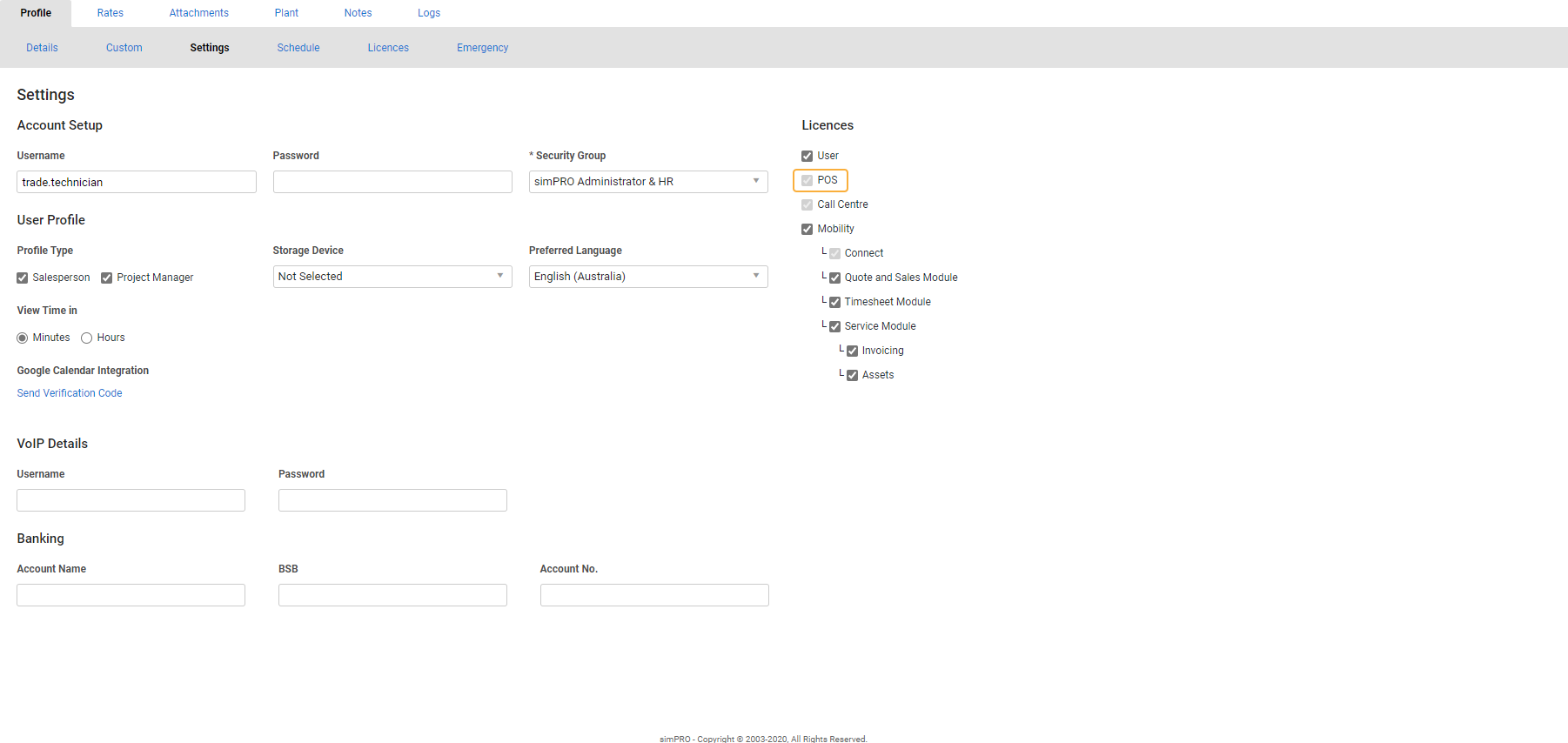 A screenshot of an employee with a simPOS licence.