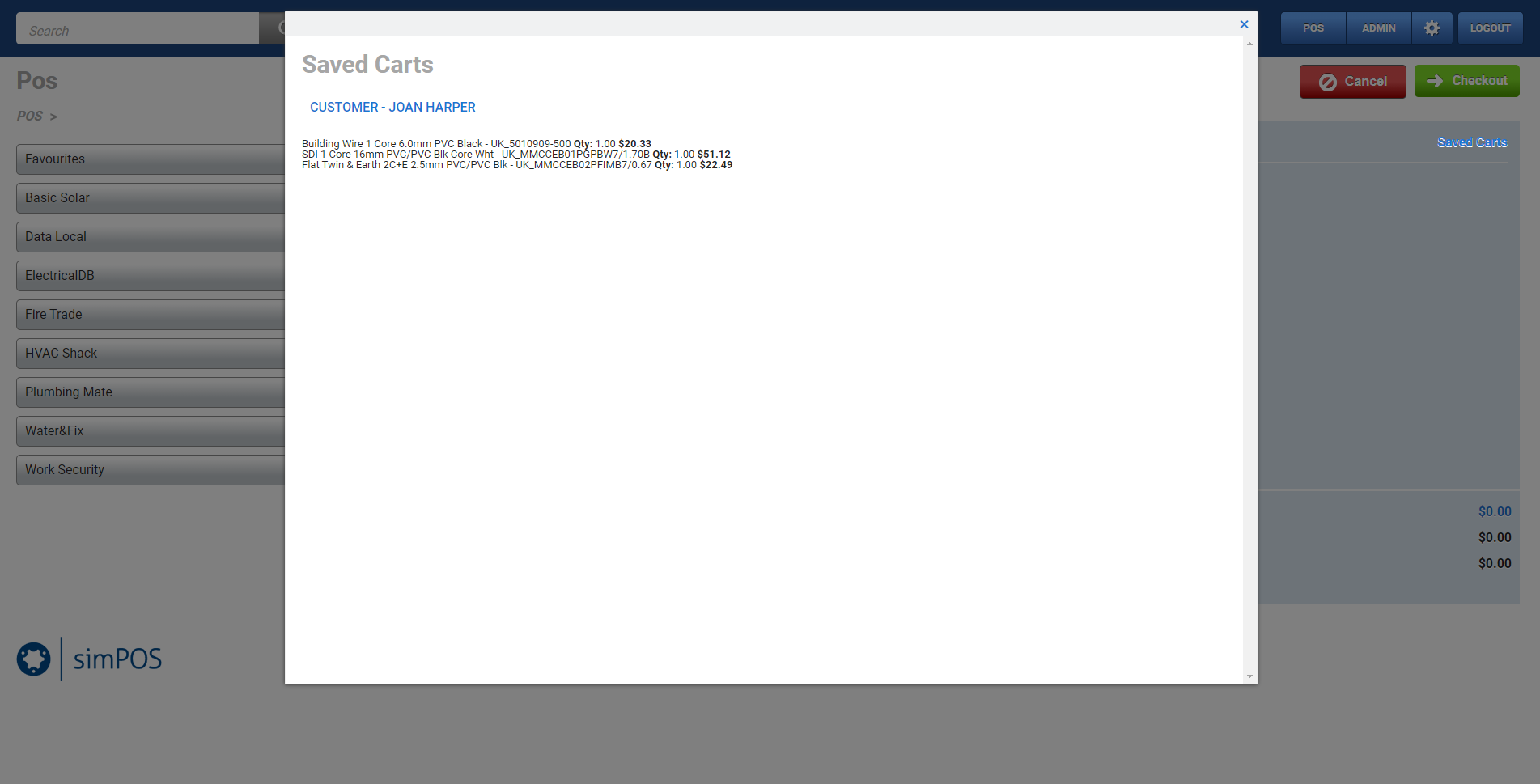 A screenshot of a saved cart.