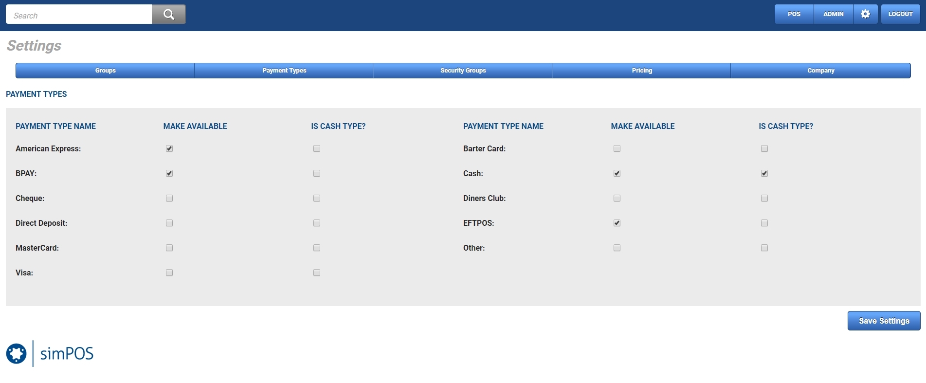 A screenshot of payment types in simPOS.
