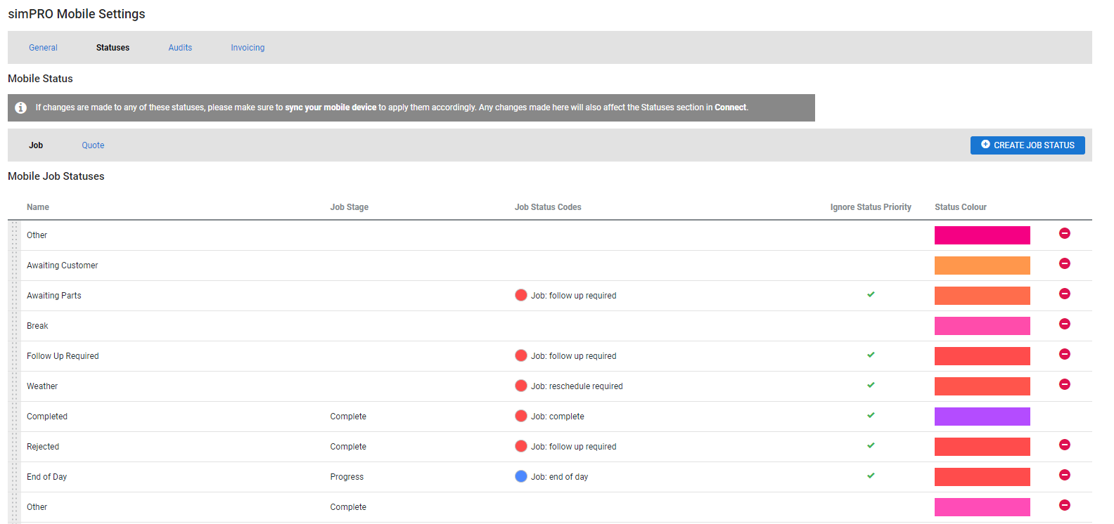 A screenshot of the Statuses tab in the Simpro Mobile setup page in Simpro.