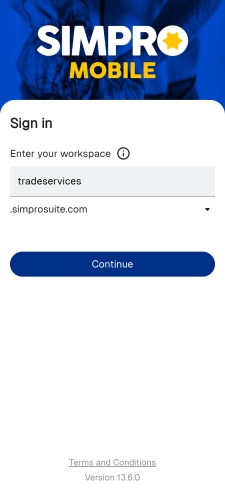 A screenshot of the login page in Simpro Mobile.