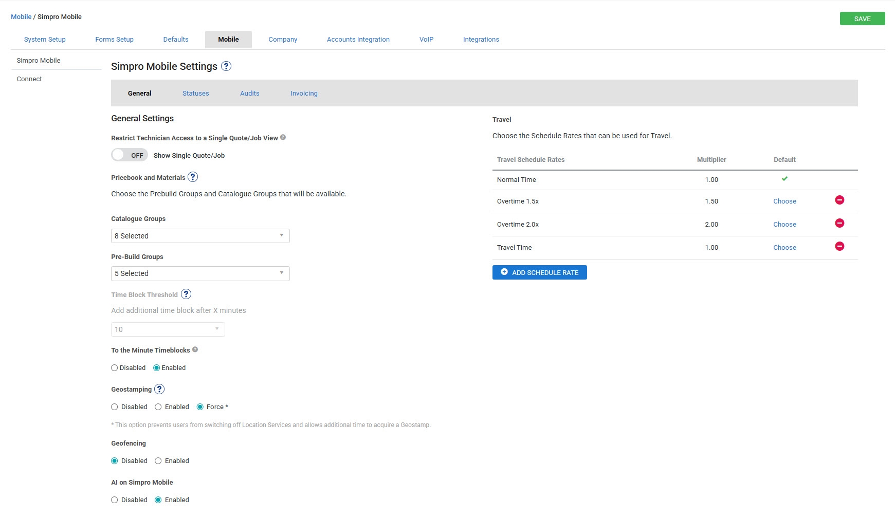 A screenshot of the Simpro Mobile Settings page.
