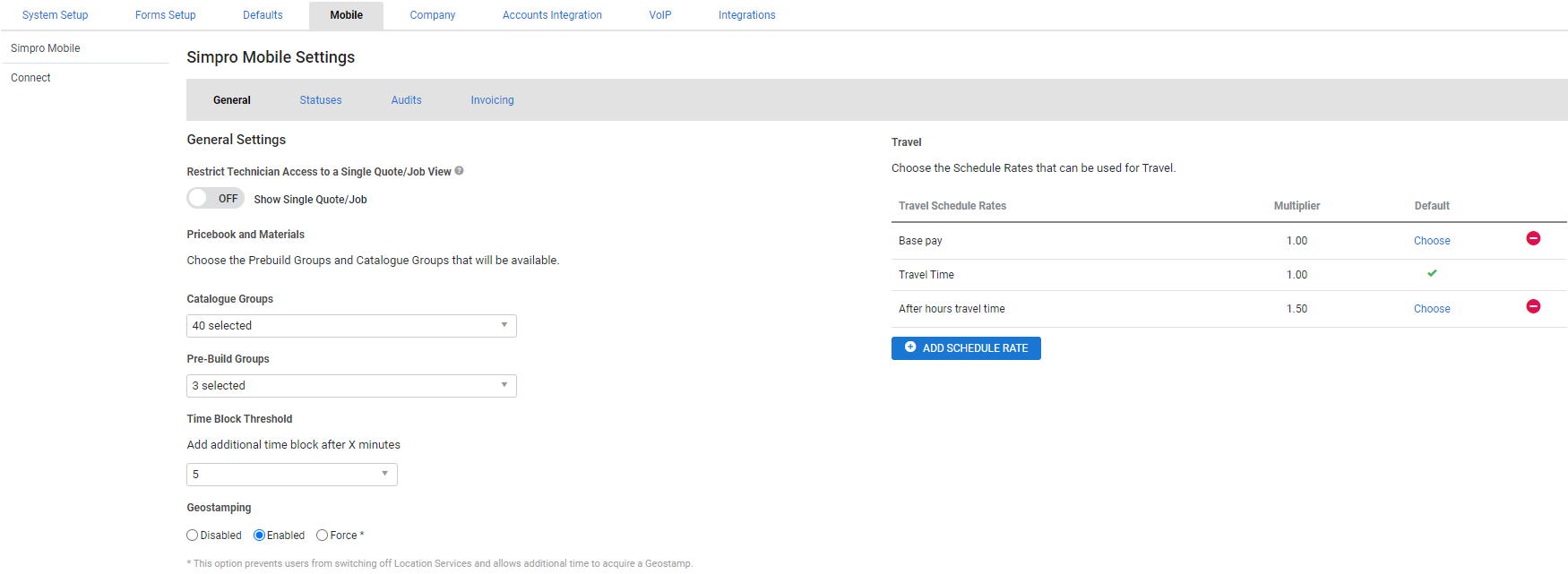 A screenshot of the Simpro Mobile Settings page.