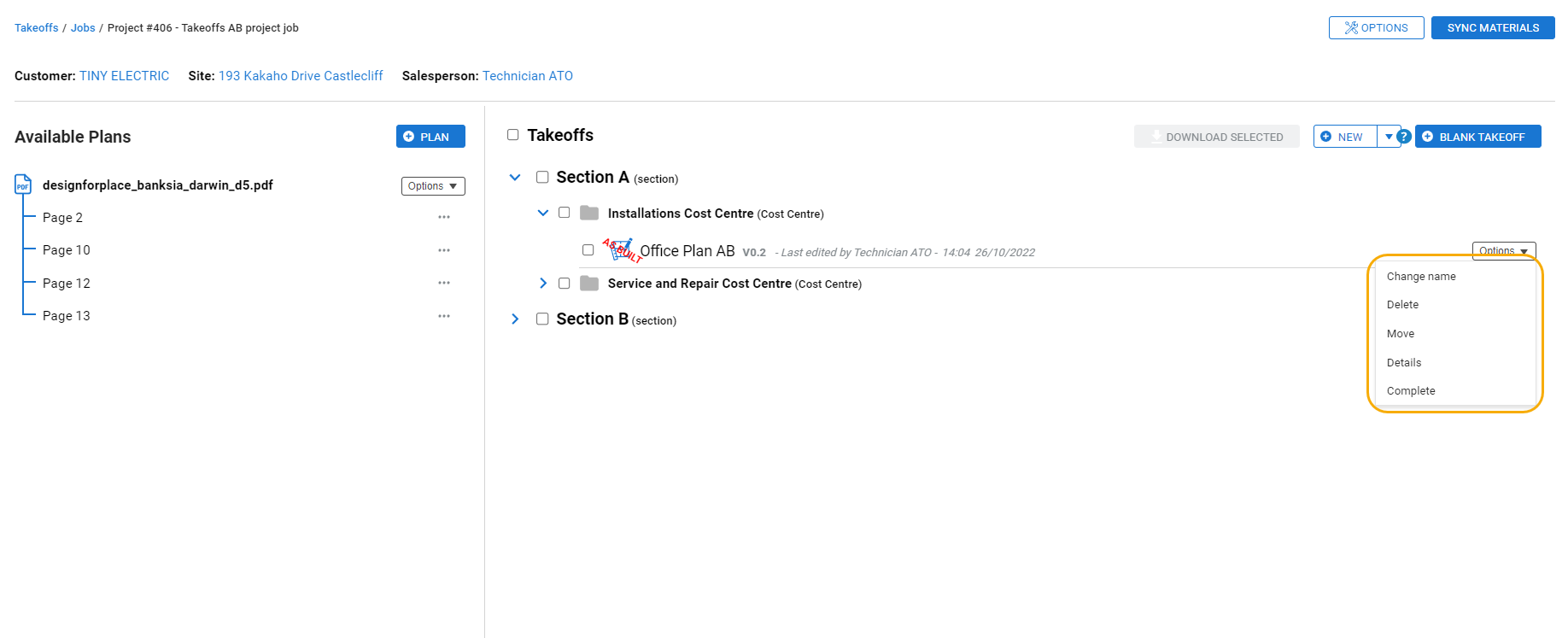 A screenshot of the Options drop-down for an As Built takeoff.