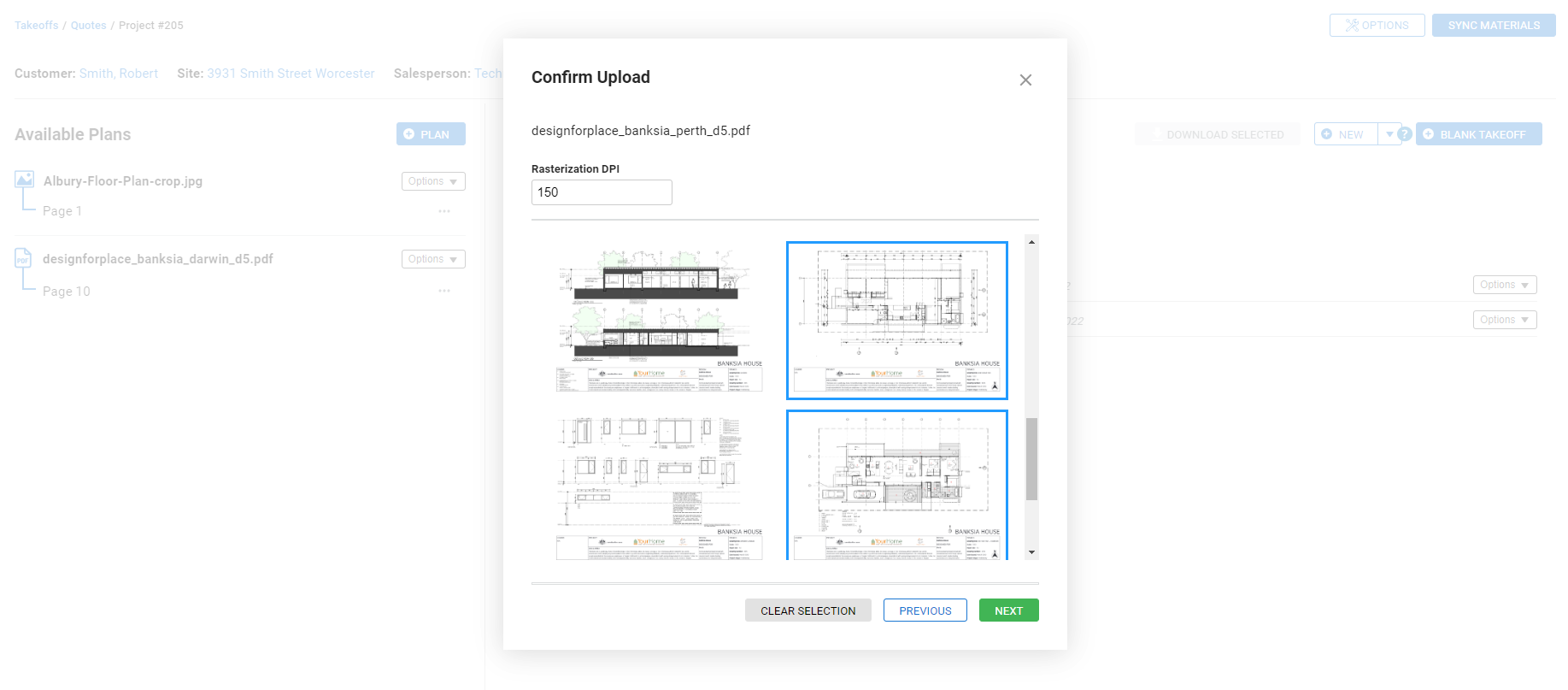 A screenshot of a plan being uploaded in Takeoffs.