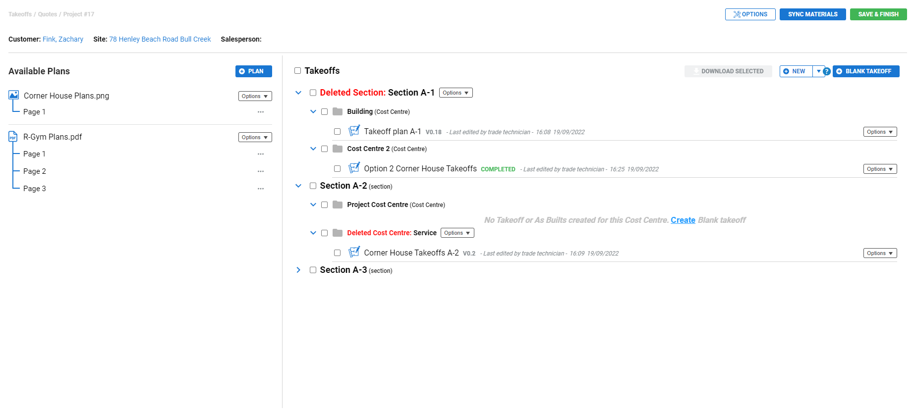 A screenshot of deleted sections and cost centres in Simpro Premium Takeoffs.