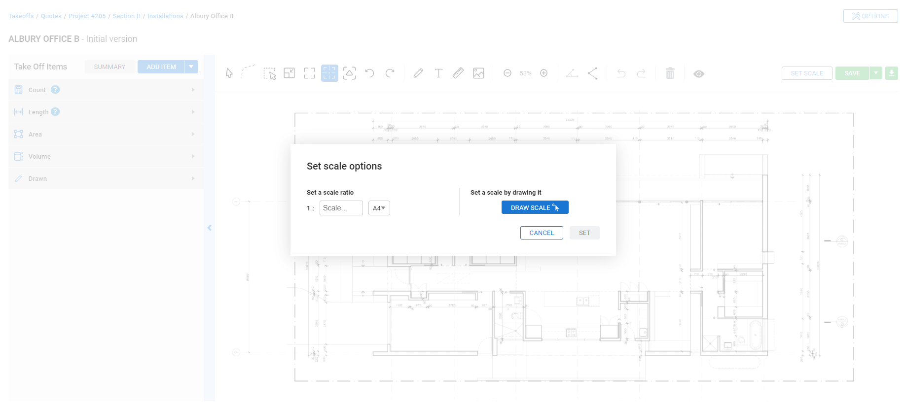A screenshot of the set scale options in a takeoff.