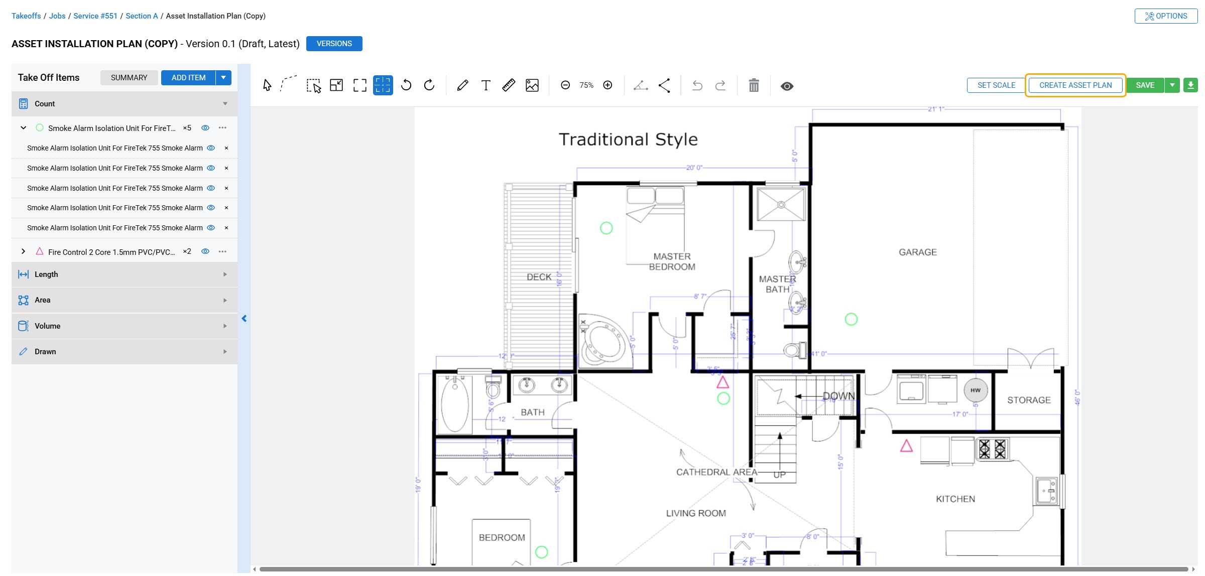 A screenshot of the Create Asset Plan option in a takeoff.