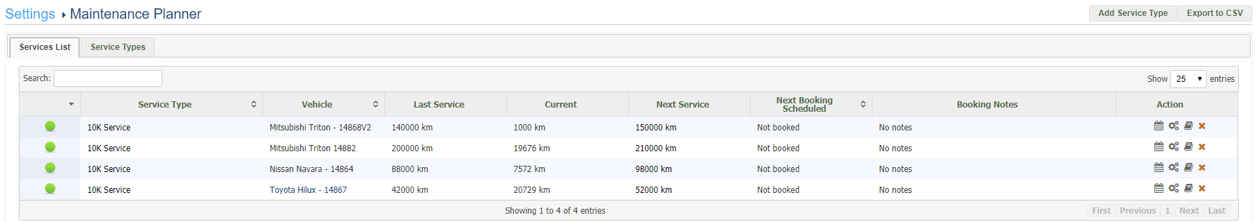 A screenshot of the Services List tab in Maintenance Planner.