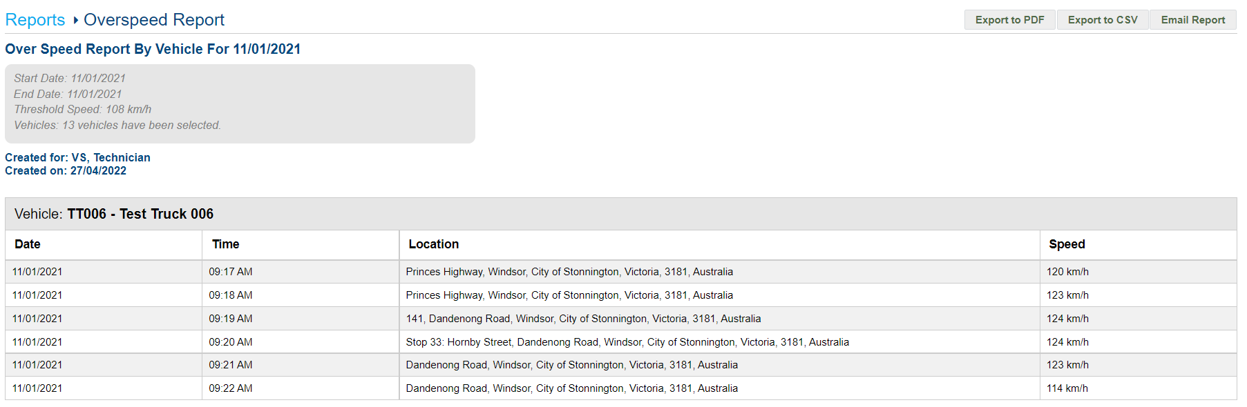 A screenshot of the Overspeed report in Simtrac.