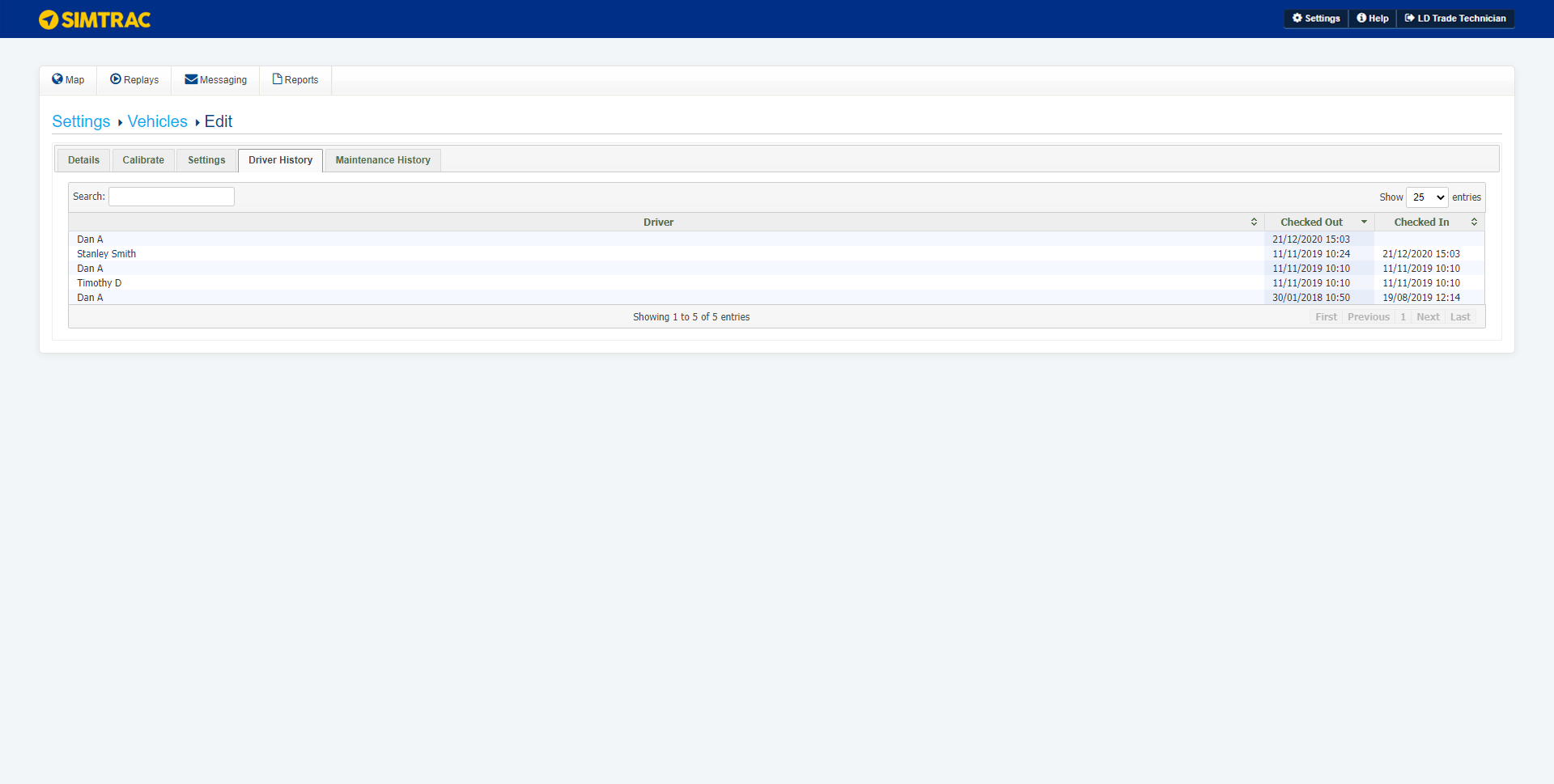 A screenshot of the Driver History tab in a vehicle.