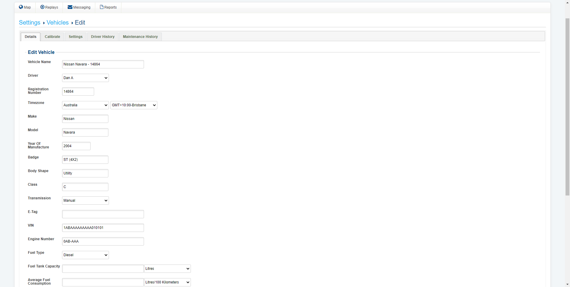 A screenshot of the Edit Vehicle page.