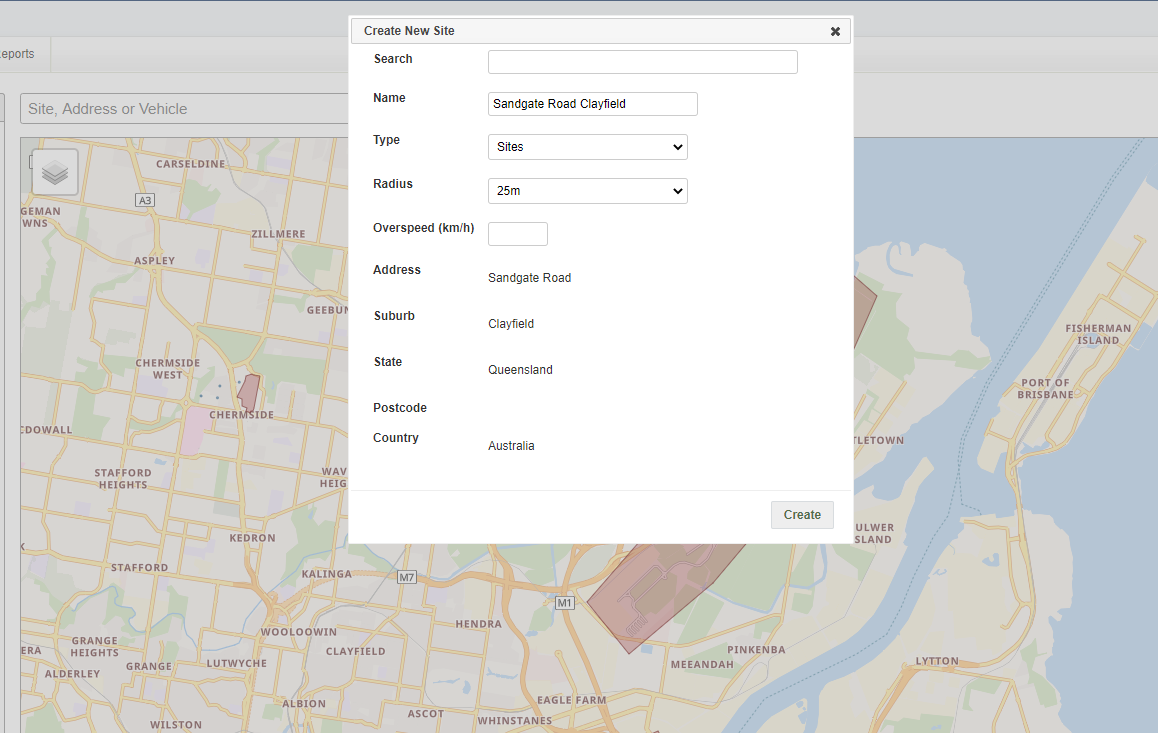 A screenshot of the Create New Site pop-up window.