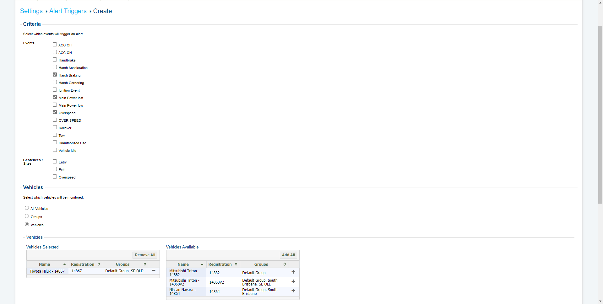 A screenshot of the Geofences / Sites alert options.