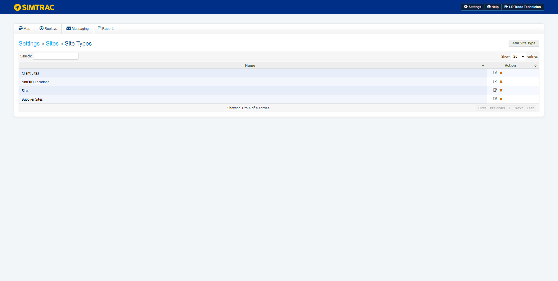 A screenshot of the Site Types page.