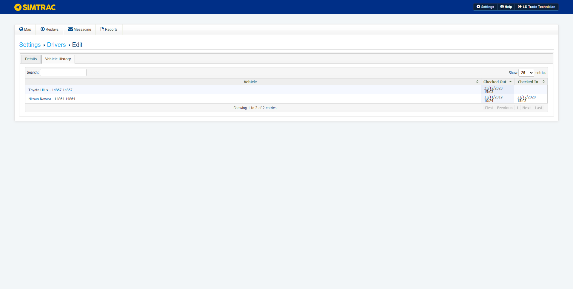 A screenshot of the Vehicle History tab in a driver.