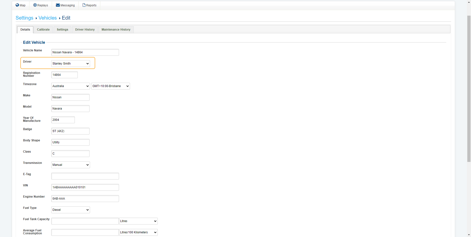 A screenshot of the Driver drop-down in a vehicle.