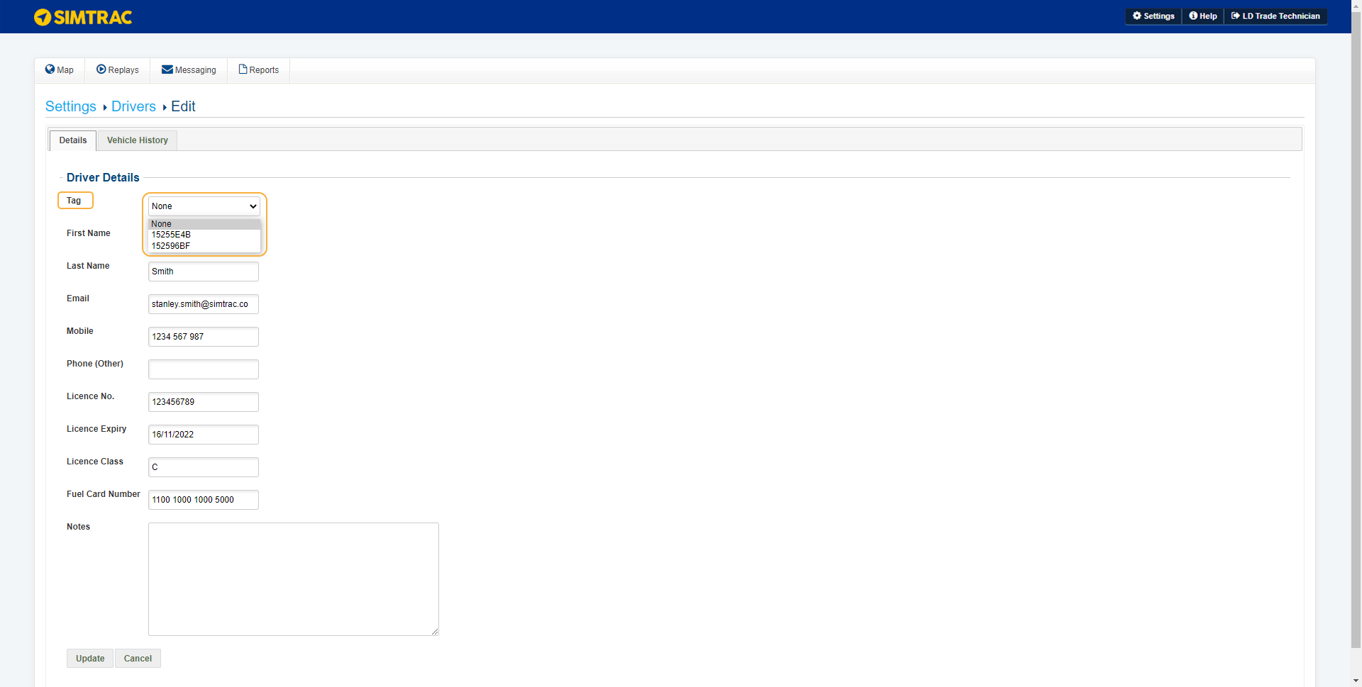 A screenshot of the Tag drop-down in a driver.