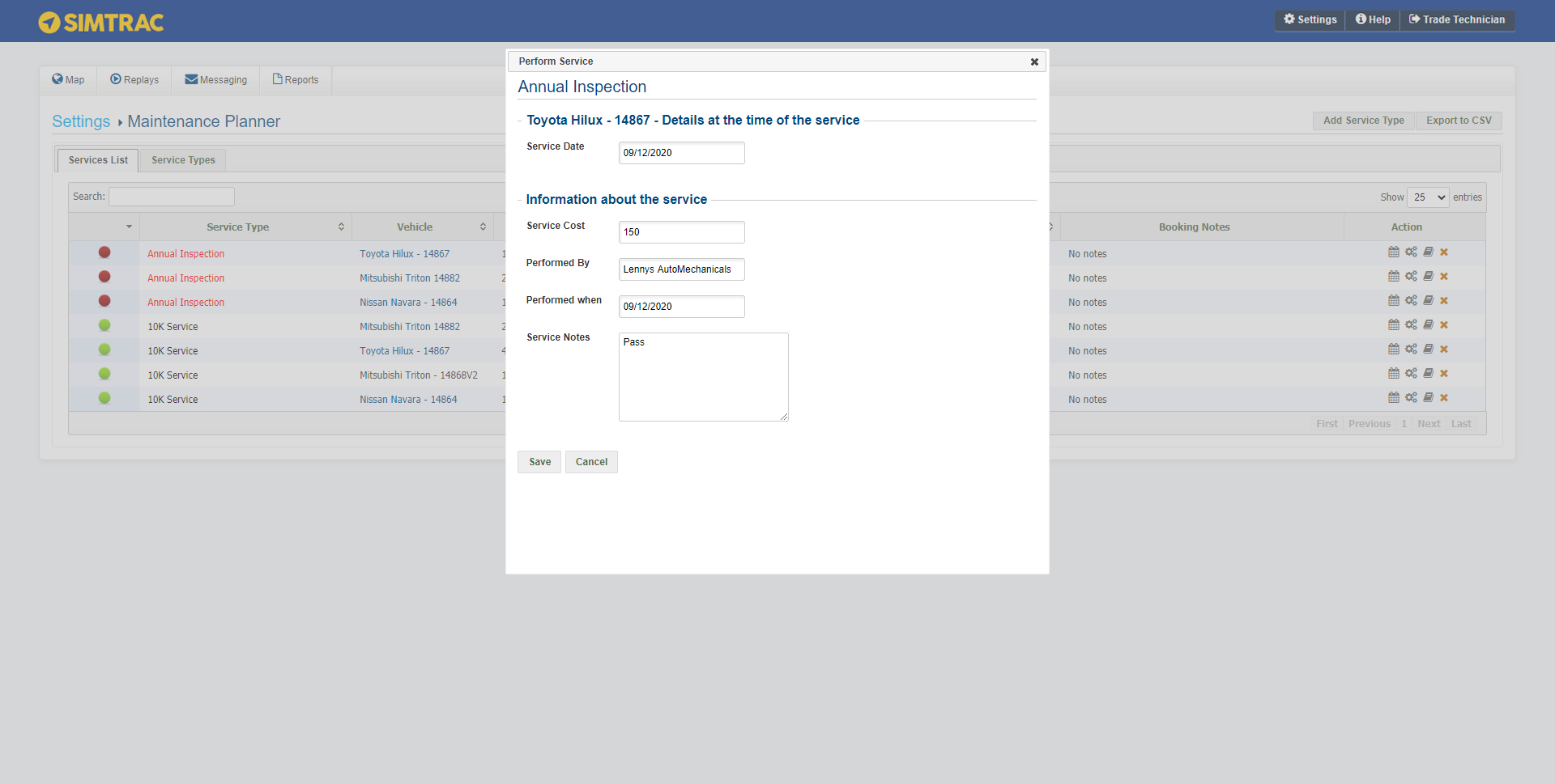 A screenshot of the Perform Service pop-up window.